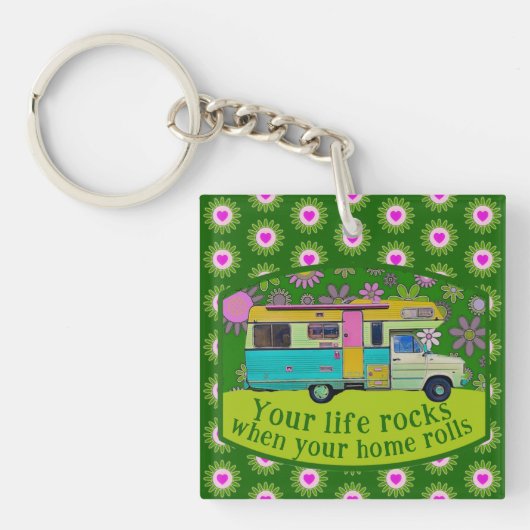 Retro Camper Van Life Rocks Leuke Mod Bloemen Sleutelhanger (Voorkant)