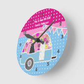 Retro Camper Van Roze Blauw Shabby Chic Stippen Ronde Klok (Hoek)