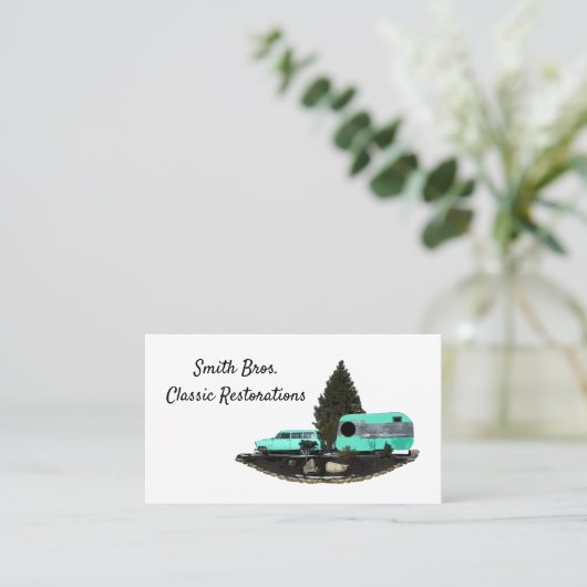 Retro Camping Auto Aanhangwagen Visitekaartjes (Staand voorkant)