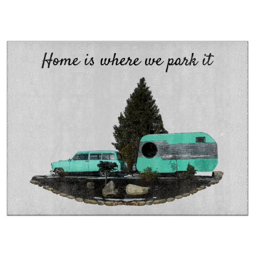 Retro Camping Auto Trailer Nomad Snijplank (Voorkant)