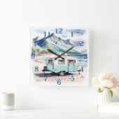 Retro Camping Caravan Strand Scène Vierkante Klok (Huis)