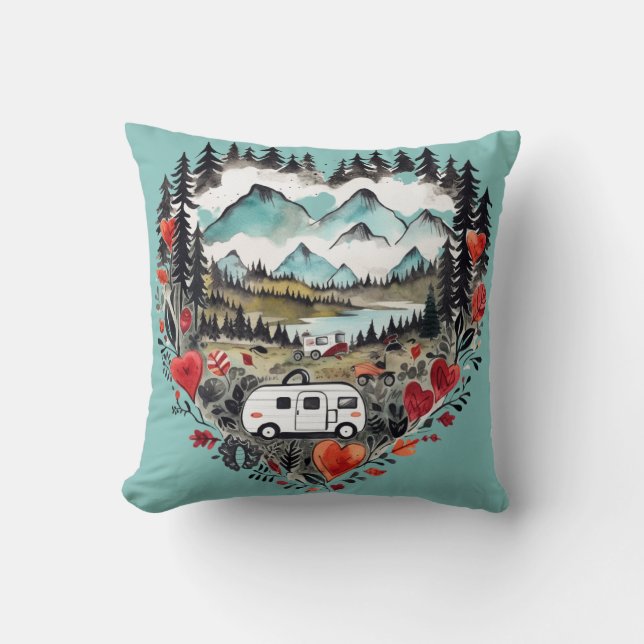 Retro Camping Hart Waterverf Kussen (Voorkant)