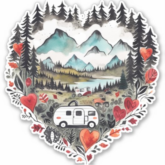 Retro Camping Hart Waterverf Sticker (Voorkant)