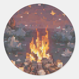 Retro Camping Pixel Art Design - Gloeiend Kampvuur Ronde Sticker