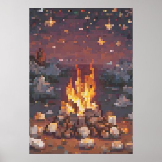 Retro Camping Pixel Art Ontwerp - Gloeiend Kampvuu Poster (Voorkant)