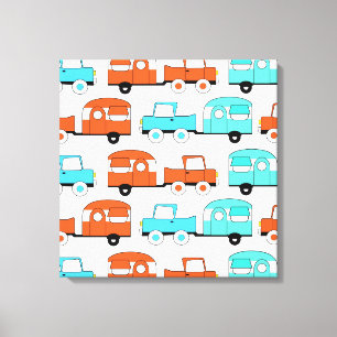 Retro Camping Trailer Turquoise Oranje Vintage Car Canvas Afdruk