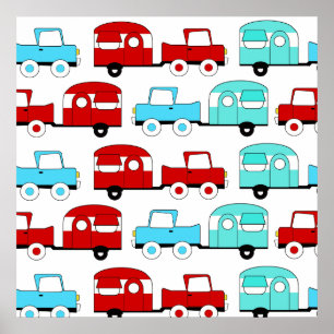 Retro Camping Trailer Turquoise Red Vintage Cars Poster