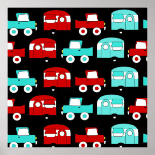 Retro Camping Trailer Turquoise Red Vintage RV Poster