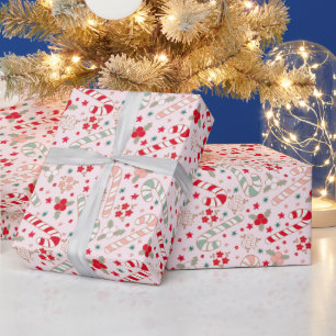 Retro Candy Cane Bloemenroze Kerstmis Cadeaupapier