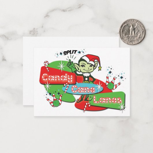 Retro Candy Cane Lanes Bowling Elf Notitiekaartje (Voorkant / Achterkant in situ)