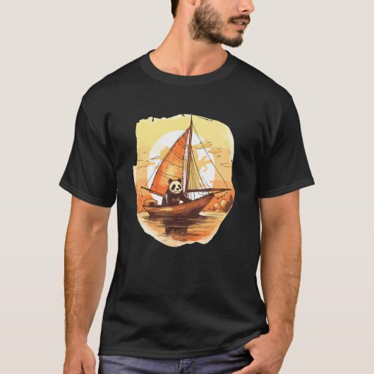 Retro Captain Panda Summer Sailing Boat T-shirt (Voorkant)