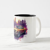 Retro Car and Cityscape Art Tweekleurige Koffiemok (Voorkant rechts)