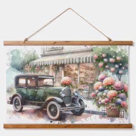 Retro Car & Blooming Boutique Scene Hangend Wandkleed
