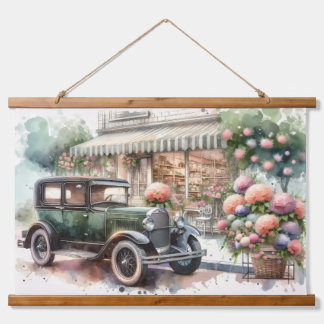 Retro Car & Blooming Boutique Scene Hangend Wandkleed