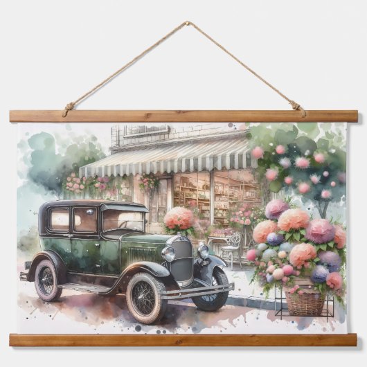 Retro Car & Blooming Boutique Scene Hangend Wandkleed (Voorkant)