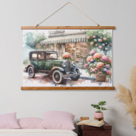 Retro Car & Blooming Boutique Scene Hangend Wandkleed