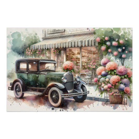 Retro Car & Blooming Boutique Scene Perfect Poster (Voorkant)