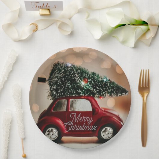 Retro Car Carrying Christmas Tree Paper Plates Papieren Bordje (Huwelijk)