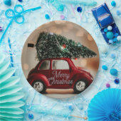 Retro Car Carrying Christmas Tree Paper Plates Papieren Bordje (Feest)