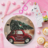 Retro Car Carrying Christmas Tree Paper Plates Papieren Bordje (Feest)