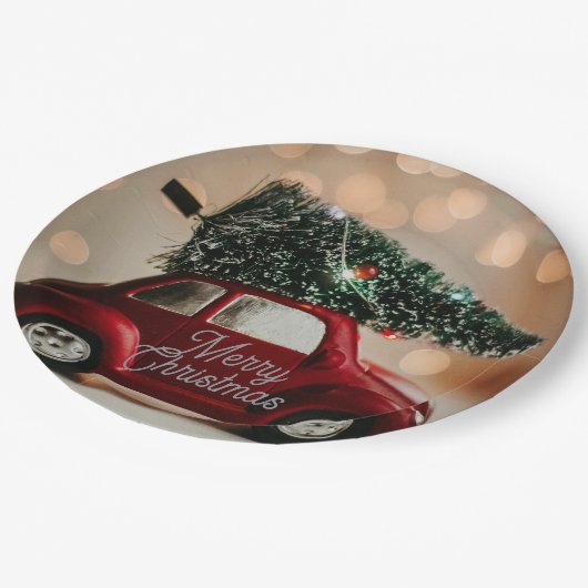 Retro Car Carrying Christmas Tree Paper Plates Papieren Bordje (Gekanteld)