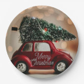 Retro Car Carrying Christmas Tree Paper Plates Papieren Bordje (Voorkant)