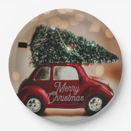 Retro Car Carrying Christmas Tree Paper Plates Papieren Bordje