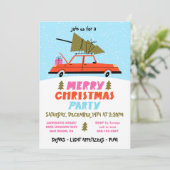 Retro Car en Boom Kerstparty Kaart (Staand voorkant)