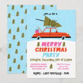 Retro Car en Boom Kerstparty Kaart (Voorkant / Achterkant)