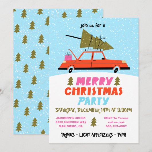 Retro Car en Boom Kerstparty Kaart (Voorkant / Achterkant)