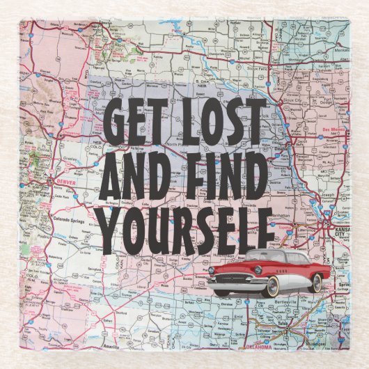 Retro Car on Road Map Glazen Onderzetter (Voorkant)