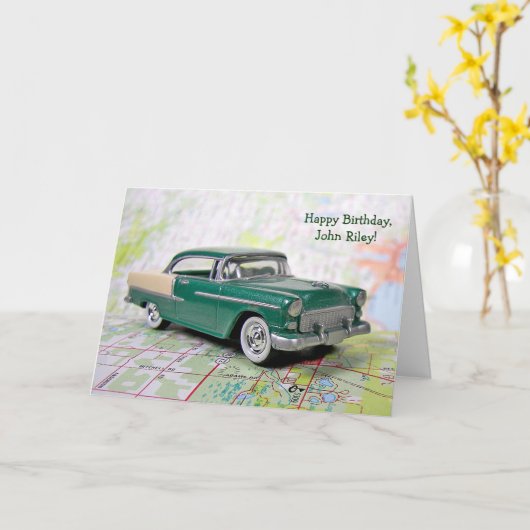 retro Car op wegenkaart voor verjaardag Kaart (Gele Bloem)