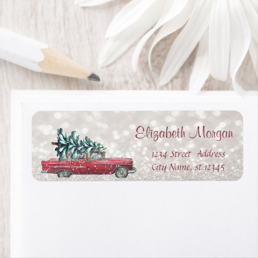 Retro Car Pine Tree Glittery Bokeh Etiket (Insitu)