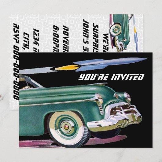 Retro Car & Rocket Birthday Kaart (Voorkant / Achterkant)