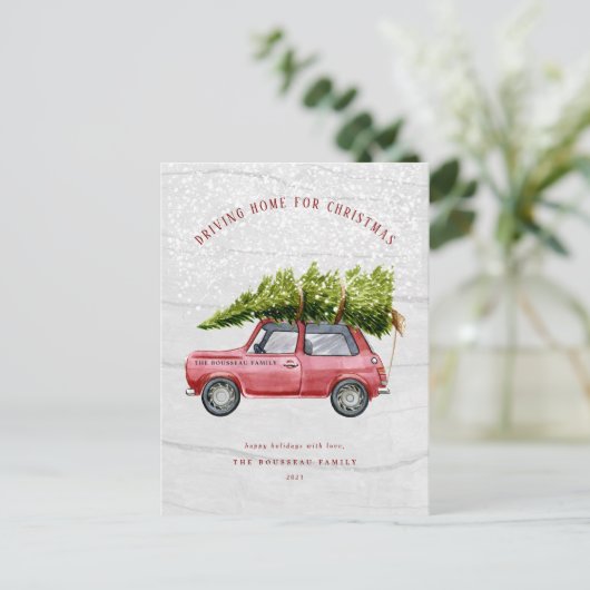  Retro Car Tree Snow Family Briefkaart (Staand voorkant)