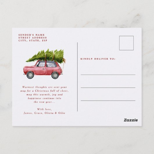  Retro Car Tree Snow Family Briefkaart (Achterkant)