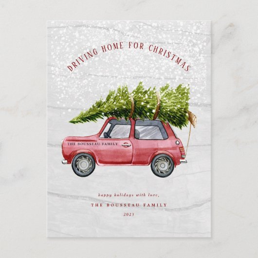 Retro Car Tree Snow Family Briefkaart (Voorkant)