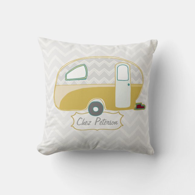 Retro Caravan Mustard Green en Gray Chevron Kussen (Voorkant)