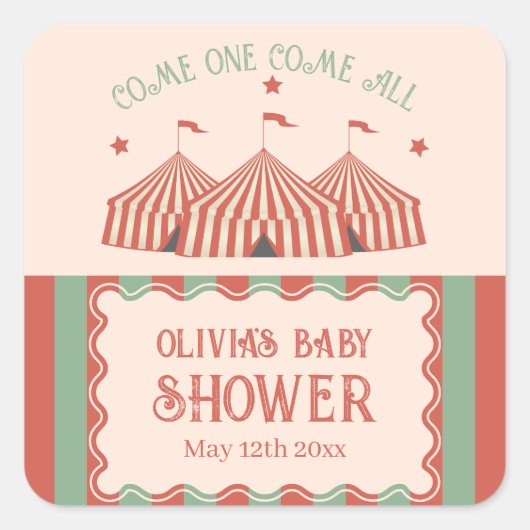Retro  Carnaval Circus Baby shower Vierkante Sticker (Voorkant)