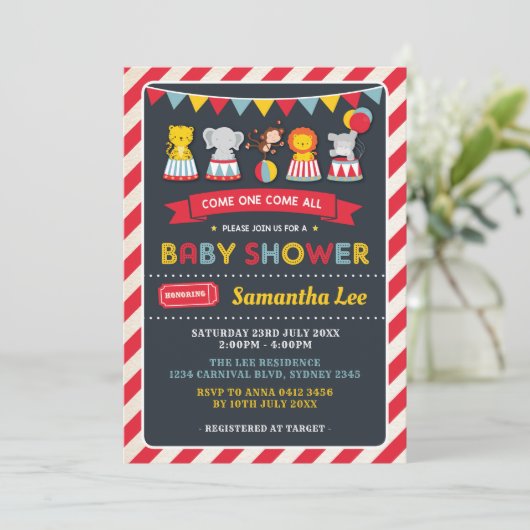 Retro Carnival Circus Animals Baby shower Uitnodig Kaart (Staand voorkant)