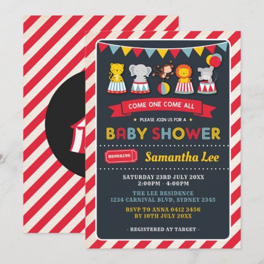 Retro Carnival Circus Animals Baby shower Uitnodig Kaart (Voorkant / Achterkant)
