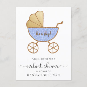 Retro Carriage Blue Glitter Virtual Baby shower Uitnodiging Briefkaart
