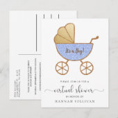 Retro Carriage Blue Glitter Virtual Baby shower Uitnodiging Briefkaart (Voorkant / Achterkant)