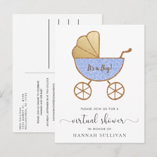 Retro Carriage Blue Glitter Virtual Baby shower Uitnodiging Briefkaart (Voorkant / Achterkant)