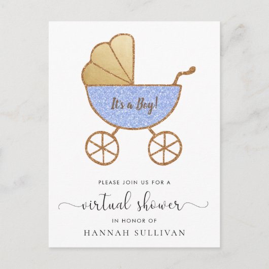 Retro Carriage Blue Glitter Virtual Baby shower Uitnodiging Briefkaart (Voorkant)