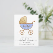 Retro Carriage Blue Glitter Virtual Baby shower Uitnodiging Briefkaart (Staand voorkant)