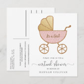 Retro Carriage Pink Glitter Virtual Baby shower Uitnodiging Briefkaart (Voorkant / Achterkant)