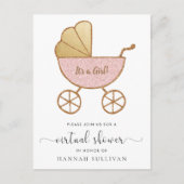 Retro Carriage Pink Glitter Virtual Baby shower Uitnodiging Briefkaart (Voorkant)