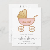 Retro Carriage Roze Goud Virtuele Baby Meisje Douc Uitnodiging Briefkaart (Voorkant / Achterkant)