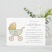 Retro Carriage Waterverf Mint Virtual Baby shower Kaart (Staand voorkant)